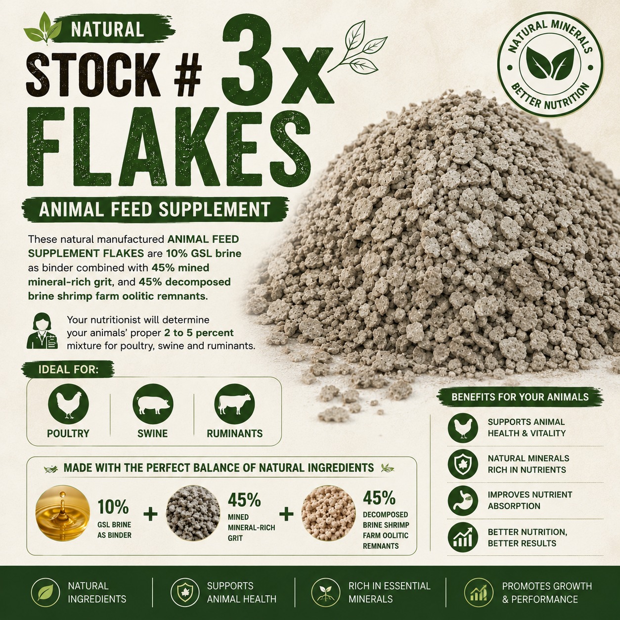 3x animal feed supplement flakes product graphic