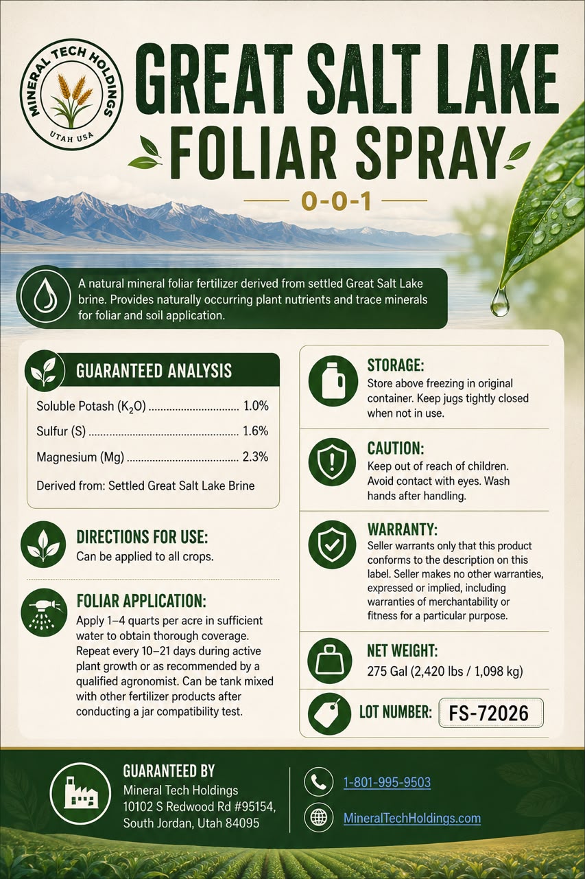 Great Salt Lake Foliar Spray 0-0-1 product label